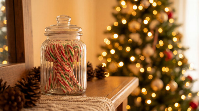 Jar filled with striped candy canes beside glowing Christmas tree lights. Use for Christmas, home decor, festive retail & kitchen holiday content marketing
- Powered by Adobe