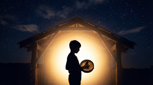 Silhouette of a child playing a hand drum before a glowing stable under a starry sky. Use for Christmas, faith events, storytelling visuals & children’s program marketing
