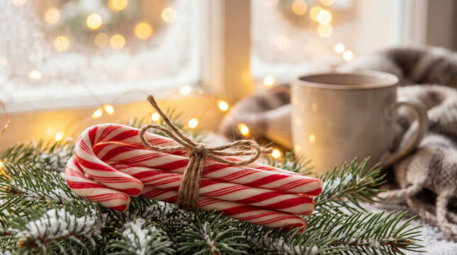 Bundle of candy canes tied with twine on snowy pine branches by a cozy window. Use for Christmas, home decor, winter retail & warm lifestyle marketing

