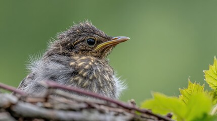 noticeably. A fluffy fledgling bird in a nest, smaller than its siblings, with a soft-focus background. wildlife magazines, conservation campaigns, designed for eco-tourism storytelling.