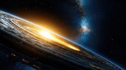 A futuristic space station orbits a planet in space, with a bright glowing light illuminating the scene against a starry background.