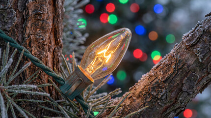 Vintage Christmas bulb glowing on a frosted outdoor tree branch. Use for holiday lighting themes, winter marketing, nostalgic ads & outdoor decor concepts.
