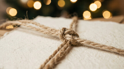 Rustic twine knot tied on natural paper for gift wrapping. Use for holiday packaging, eco friendly branding, craft promotions & artisan product storytelling 
