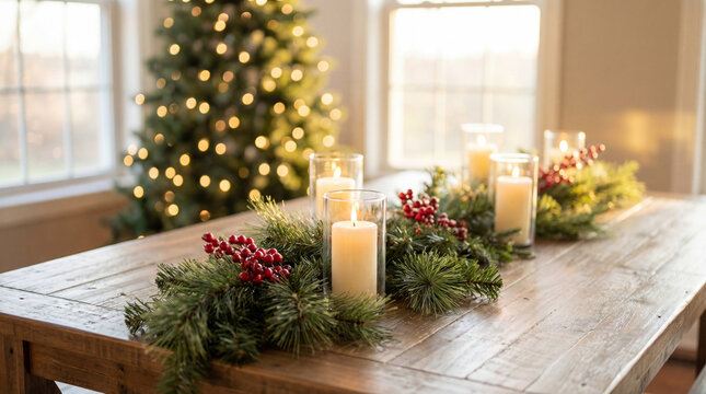 Bright Christmas centerpiece with tall glowing candles & fresh pine garland. Use for holiday dining, event promotions, seasonal ads & winter celebration themes.
 - Powered by Adobe