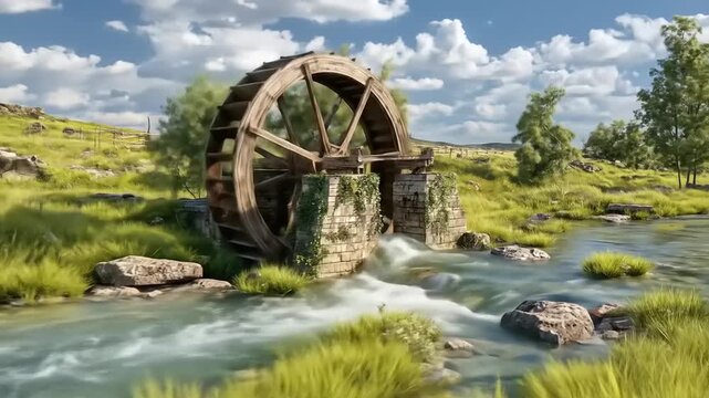 Wooden water wheel turning by flowing water in natural outdoor environment