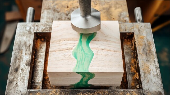 Close-up shot of a wood block with green resin being poured into a channel, set in a workshop environment.