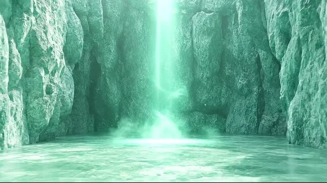 Ethereal waterfall in a mystical green cavern