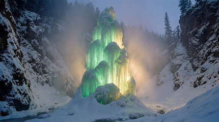 Frozen waterfall glowing with vibrant lights. Use for winter travel ads, holiday campaigns, nature promotions & unique event backdrops for niche creatives  
