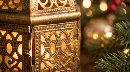 Antique gold lantern glowing beside pine branches with tree lights. Use for cozy holiday campaigns, home decor marketing, seasonal ads & inspirational winter wellness themes