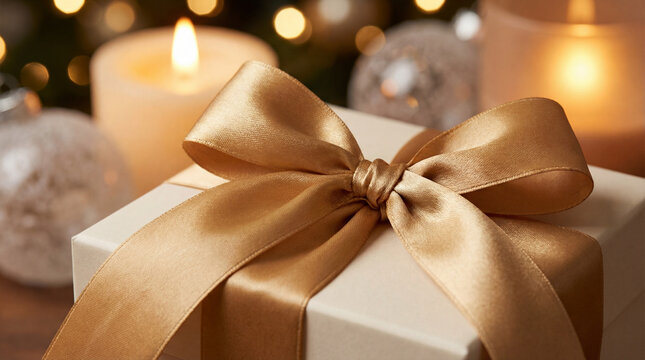 Elegant gift box with gold ribbon. Use for luxury holiday promotions, retail product ads, gift guides & upscale branding projects  
