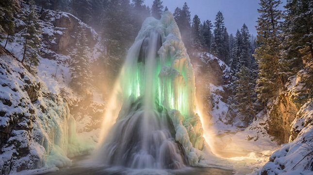 Majestic frozen waterfall illuminated with green & gold tones. Use for nature marketing, winter travel ads, holiday visuals & editorial features about cold climates  
