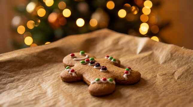 Decorated gingerbread cookie with bokeh tree lights. Use for Christmas food marketing, baking ads, lifestyle holiday visuals & kids craft inspiration