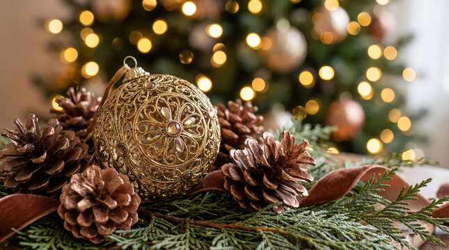 Golden ornate ornament with pinecones on evergreen branches. Use for luxury holiday branding, upscale retail marketing, winter catalog covers & elegant home decor promotions
