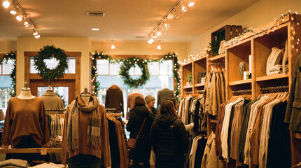 Warm boutique filled with sweaters & shoppers under Christmas lights. Use for retail, holiday sales, lifestyle, window display & small business marketing
