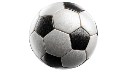 Fototapeta premium Traditional black and white soccer ball with classic hexagonal and pentagonal panels, sporting event equipment on a transparent background