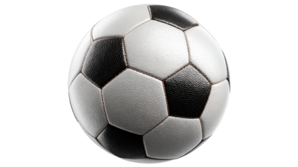 Traditional black and white soccer ball with classic hexagonal and pentagonal panels, sporting event equipment on a transparent background