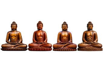Set wooden statue of a Buddha sitting in a cross legged position. isolated on a transparent or white background.