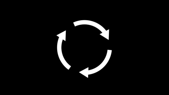 White recycle loop icon with circular arrows on black background, sustainability and eco concept animation, renewable cycle, refresh update symbol for environment conservation and process work flow