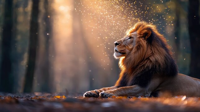 A majestic lion is resting in a forest, bathed in sunlight. The lion is looking up, with a serene expression.