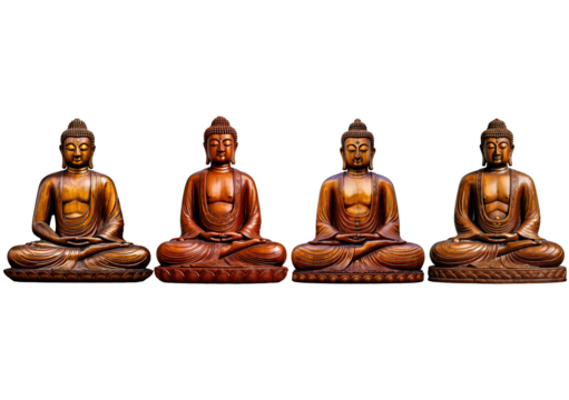 Set wooden statue of a Buddha sitting in a cross legged position. isolated on a transparent or white background.