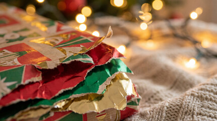 Torn Christmas wrapping paper on cozy knit blanket with lights. Use for family holiday, lifestyle, gift unwrapping, retail story & warm moment marketing
