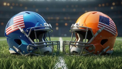 Two football helmets, blue and orange, with American flags, face each other on a grassy field in a stadium
