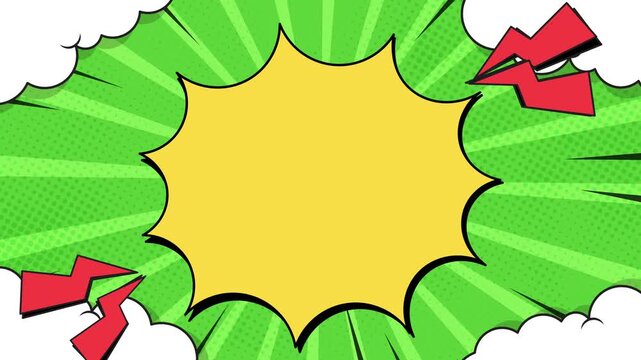 Retro pop comic animation background with explosion frame, bold lightning shapes, and playful cartoon cloud. Ideal for fun intros, kids content, and nostalgic comic style projects