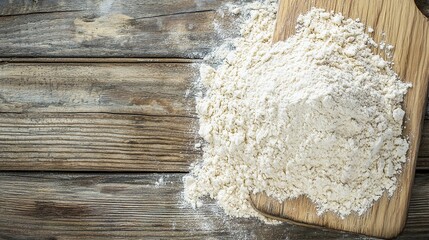emmer. Coarsely ground emmer flour on a rustic wooden board, textured surface. menu design, packaging mockups, designed for food delivery and cloud-kitchen brand materials.