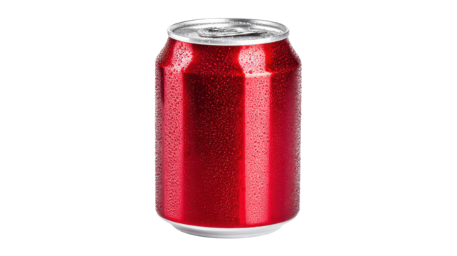 Red aluminum soda can with condensation, chilled carbonated beverage offering refreshment, transparent background
