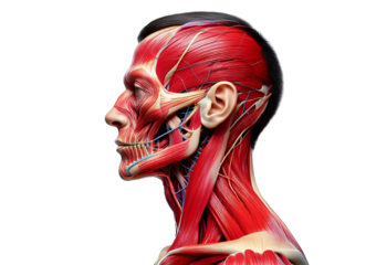 Human head and neck anatomy, showcasing muscles, bones and tissues isolated on transparent or white background