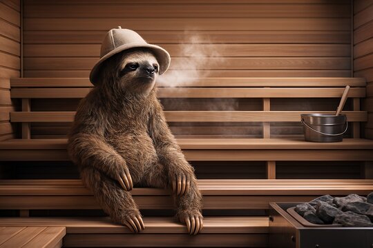 Wellness Sauna Scene with a Relaxing Sloth