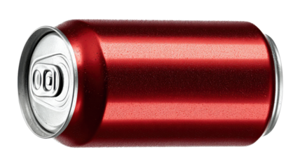Red metal soda can showing cold condensation, ready for branding or design, offering refreshment. Transparent background