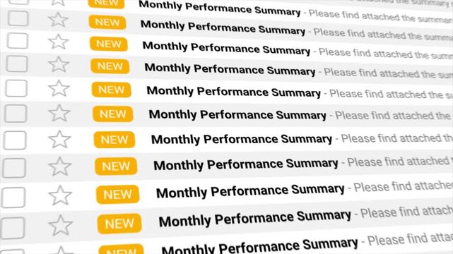 Monthly Performance Summary emails appear in multiples within a modern digital inbox interface. Ideal for depicting business updates, corporate reporting, and modern data communication visuals.
