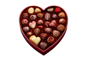 Heart shaped box filled with assorted chocolates, featuring variety of flavors and colors, isolated on a transparent or white background.