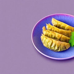 Close-up of dumplings on a blue plate with a purple background. Fresh herbs are also visible. Food photography.