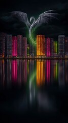 A digital illustration of a dragon flying over a colorful city skyline at night, with reflections in the water below.
