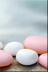 Close-up of pastel colored eggs on a glittery surface, soft lighting.