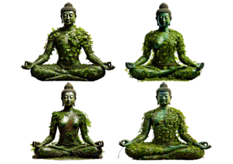 Illustration of a statue of a person sitting in a yoga pose. The body is made up of green, isolated on a transparent or white background.