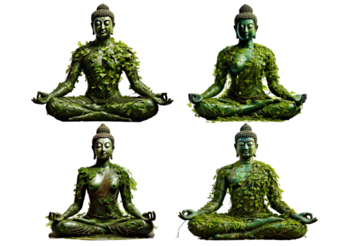 Illustration of a statue of a person sitting in a yoga pose. The body is made up of green, isolated on a transparent or white background.