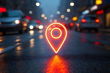 A glowing GPS location pin on a wet urban street with blurred city lights at night, symbolizing digital navigation, modern travel, online maps, direction, and futuristic technology.