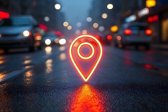 A glowing GPS location pin on a wet urban street with blurred city lights at night, symbolizing digital navigation, modern travel, online maps, direction, and futuristic technology.