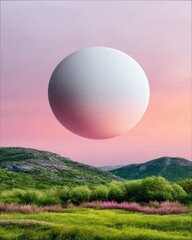A large white sphere floats above a green landscape with hills and a colorful sunset sky.