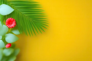 Close-up of a floral arrangement featuring a palm leaf, red flower, and green leaves against a vibrant yellow background.