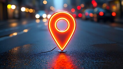 A glowing GPS location pin on a wet urban street with blurred city lights at night, symbolizing digital navigation, modern travel, online maps, direction, and futuristic technology.