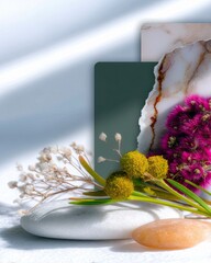 A still life composition featuring flowers, rocks, and cards, bathed in natural light, creating a serene and artistic aesthetic.