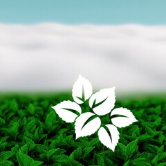 Illustration of a white leaf design over a green field with a blue sky background.