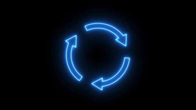 Neon blue recycle loop icon animation on black background, glowing circular arrows symbolizing sustainability, eco renewal, refresh update cycle, environmental conservation process workflow