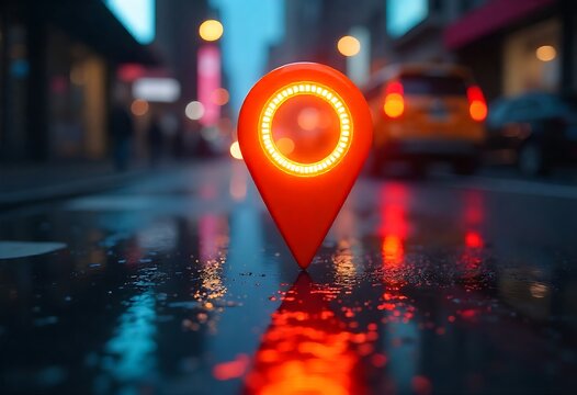 A glowing GPS location pin on a wet urban street with blurred city lights at night, symbolizing digital navigation, modern travel, online maps, direction, and futuristic technology.