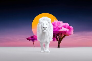 A majestic white lion stands proudly against a vibrant sunset, with pixelated trees adding a unique artistic touch to the scene.
