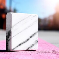 A white marble block with black veining stands on a pink surface outdoors against a blurred background, illuminated by sunlight.